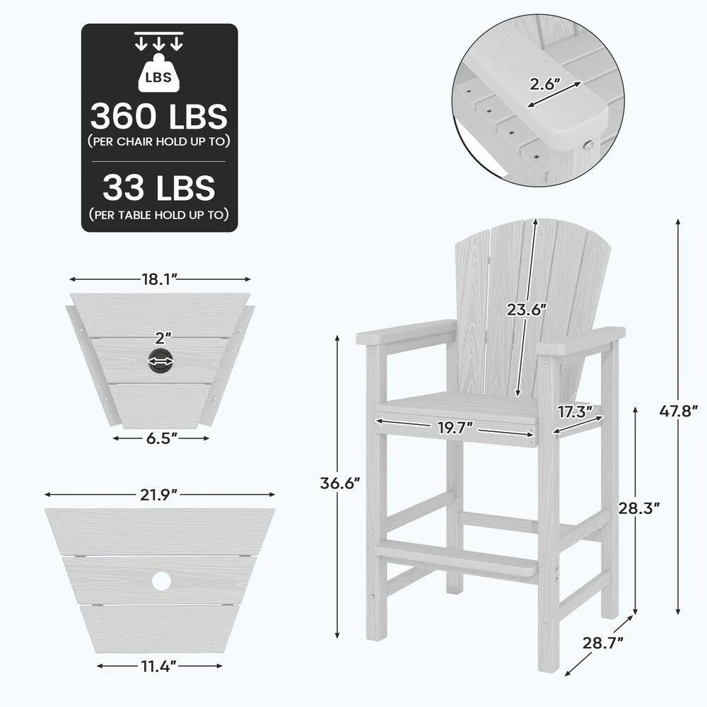 White HDPE Outdoor Weather-Resistant Bistro Set Bar Stool With Double-Layer Tray And Umbrella Hole (2-Pack) 3 White HDPE Outdoor Weather-Resistant Bistro Set Bar Stool With Double-Layer Tray And Umbrella Hole (2-Pack) - Image 3
