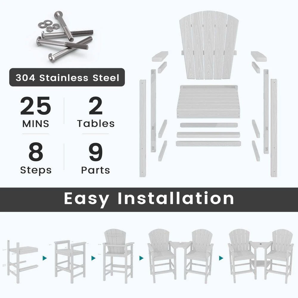 White HDPE Outdoor Weather-Resistant Bistro Set Bar Stool With Double-Layer Tray And Umbrella Hole (2-Pack) 7 White HDPE Outdoor Weather-Resistant Bistro Set Bar Stool With Double-Layer Tray And Umbrella Hole (2-Pack) - Image 7