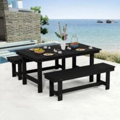 56.3 In. W Outdoor Patio HDPE Plastic All-Weather Resistant Ottoman Backless Dining Bench In Black -More Furniture Store jearey outdoor benches jycd bk 31 1000