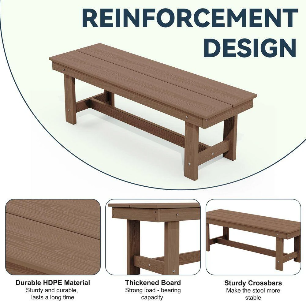 56.3 In. W Outdoor Patio HDPE Plastic All-Weather Resistant Ottoman Backless Dining Bench In Brown 5 56.3 In. W Outdoor Patio HDPE Plastic All-Weather Resistant Ottoman Backless Dining Bench In Brown - Image 5