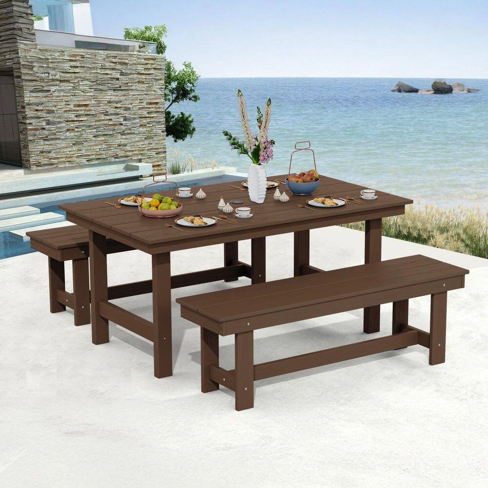 56.3 In. W Outdoor Patio HDPE Plastic All-Weather Resistant Ottoman Backless Dining Bench In Brown 9 56.3 In. W Outdoor Patio HDPE Plastic All-Weather Resistant Ottoman Backless Dining Bench In Brown - Image 9