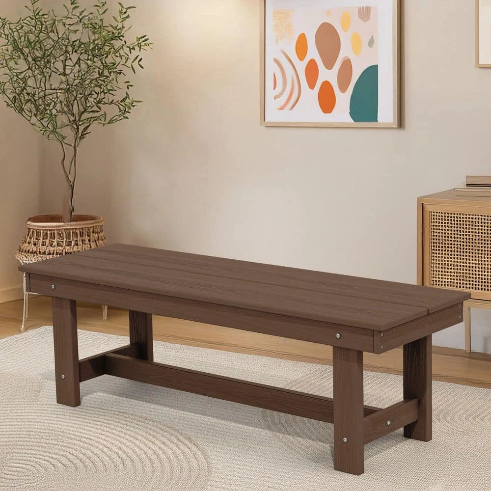 56.3 In. W Outdoor Patio HDPE Plastic All-Weather Resistant Ottoman Backless Dining Bench In Brown 1 56.3 In. W Outdoor Patio HDPE Plastic All-Weather Resistant Ottoman Backless Dining Bench In Brown