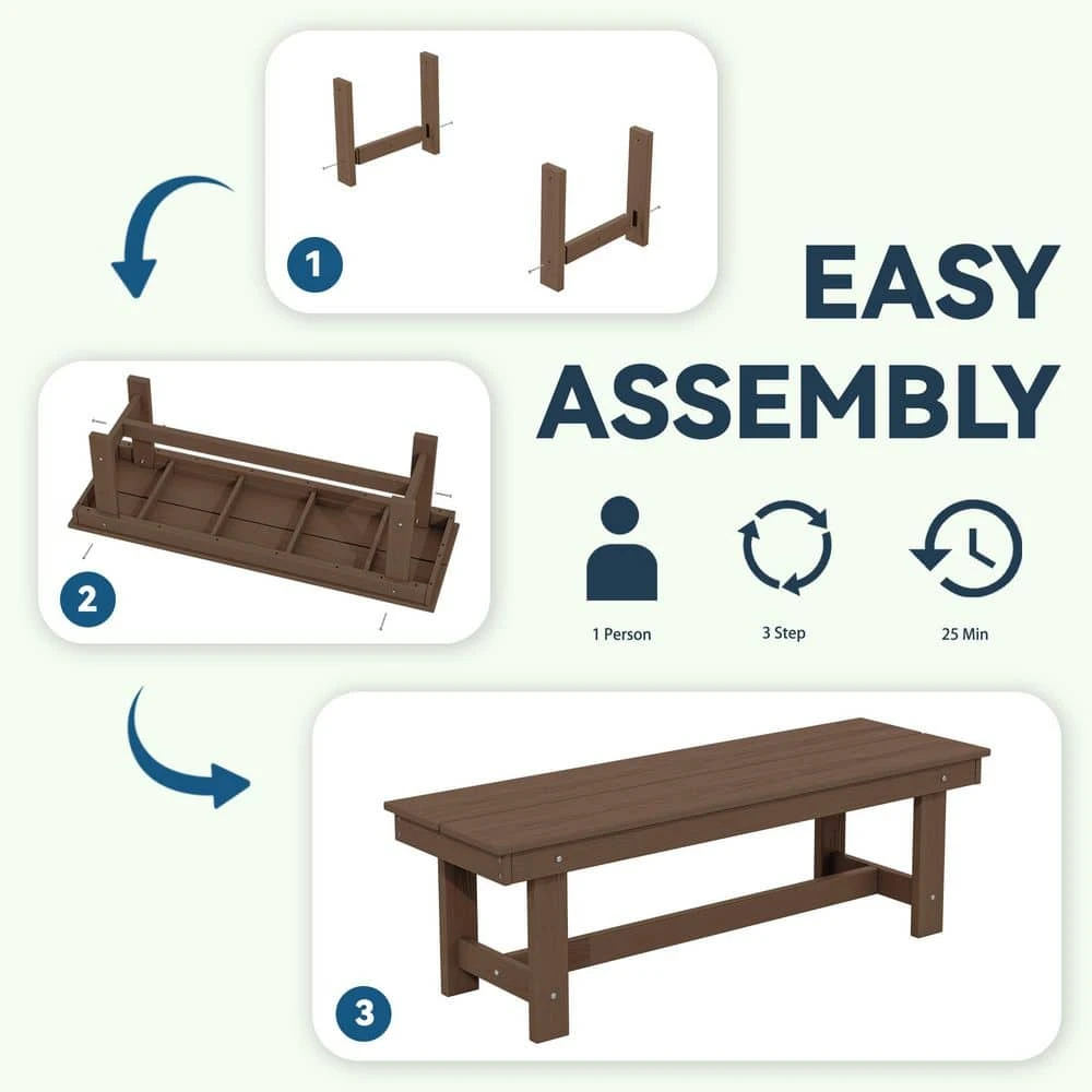 56.3 In. W Outdoor Patio HDPE Plastic All-Weather Resistant Ottoman Backless Dining Bench In Brown 7 56.3 In. W Outdoor Patio HDPE Plastic All-Weather Resistant Ottoman Backless Dining Bench In Brown - Image 7