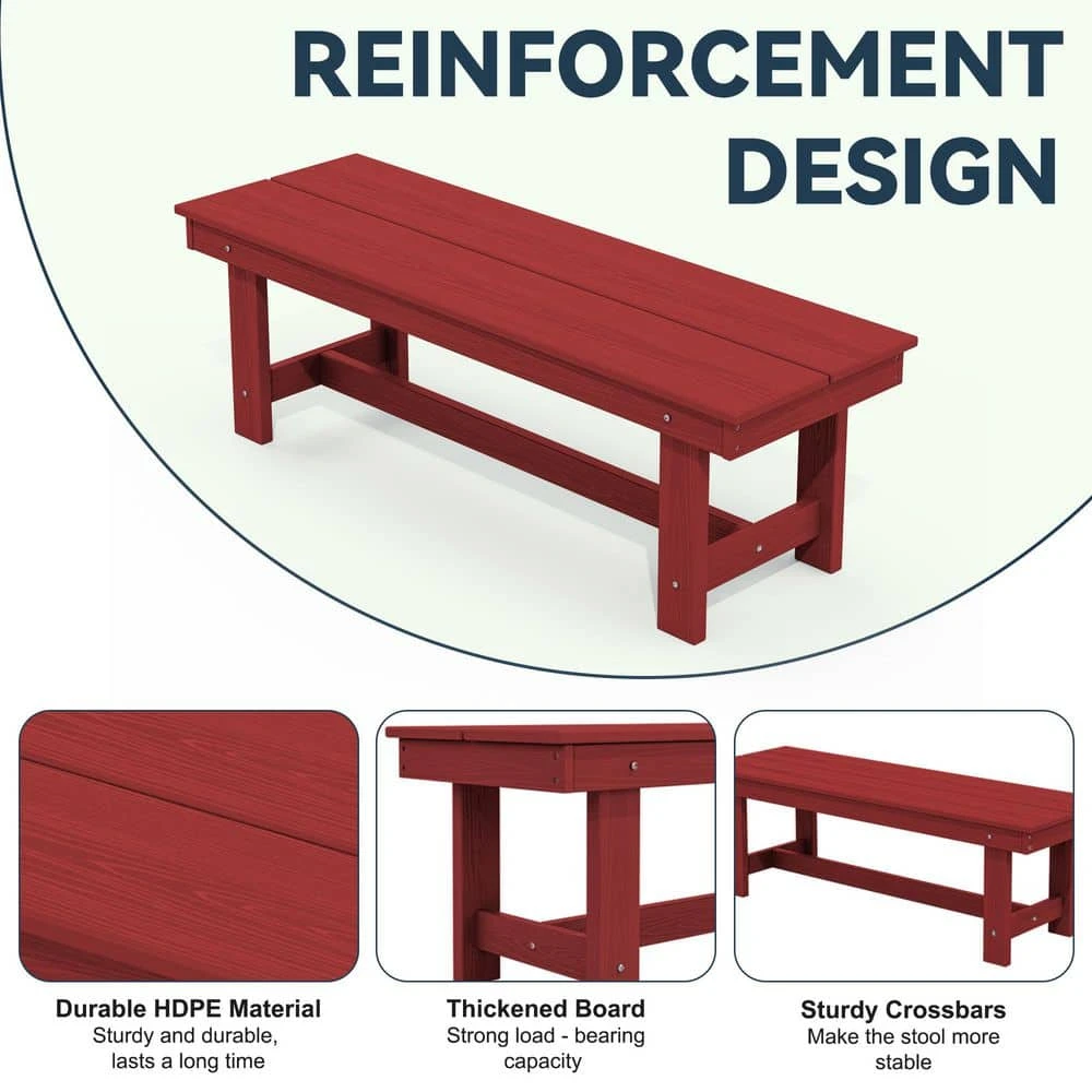 56.3 In. W Outdoor Patio HDPE Plastic All-Weather Resistant Ottoman Backless Dining Bench In Dark Red 5 56.3 In. W Outdoor Patio HDPE Plastic All-Weather Resistant Ottoman Backless Dining Bench In Dark Red - Image 5