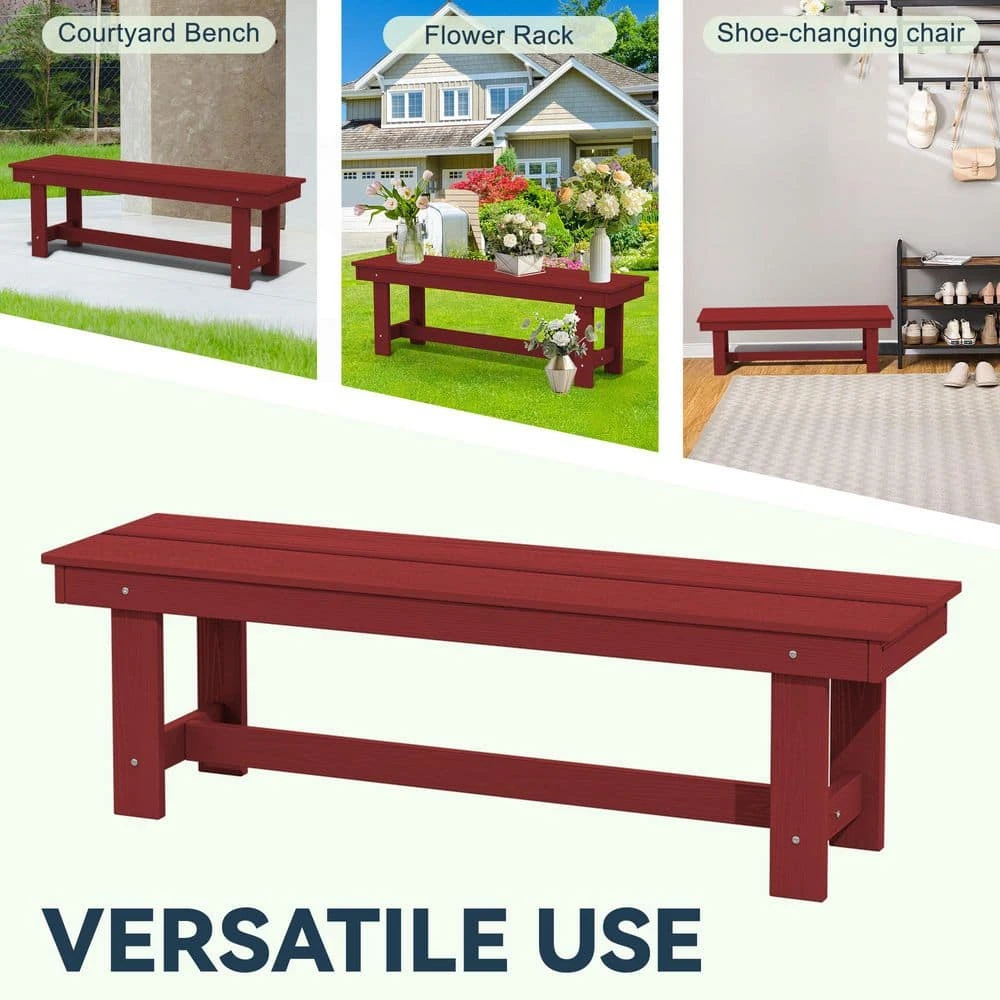 56.3 In. W Outdoor Patio HDPE Plastic All-Weather Resistant Ottoman Backless Dining Bench In Dark Red 6 56.3 In. W Outdoor Patio HDPE Plastic All-Weather Resistant Ottoman Backless Dining Bench In Dark Red - Image 6