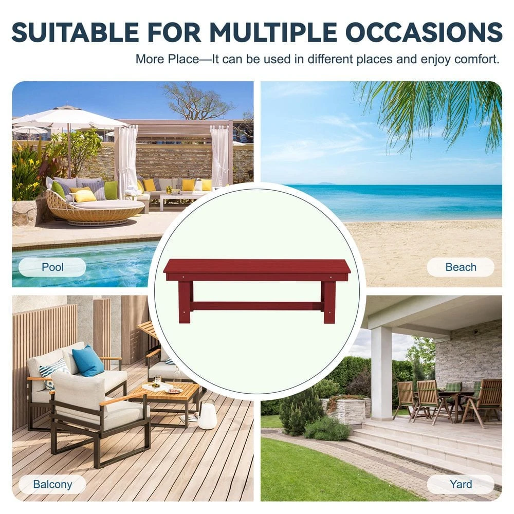 56.3 In. W Outdoor Patio HDPE Plastic All-Weather Resistant Ottoman Backless Dining Bench In Dark Red 4 56.3 In. W Outdoor Patio HDPE Plastic All-Weather Resistant Ottoman Backless Dining Bench In Dark Red - Image 4