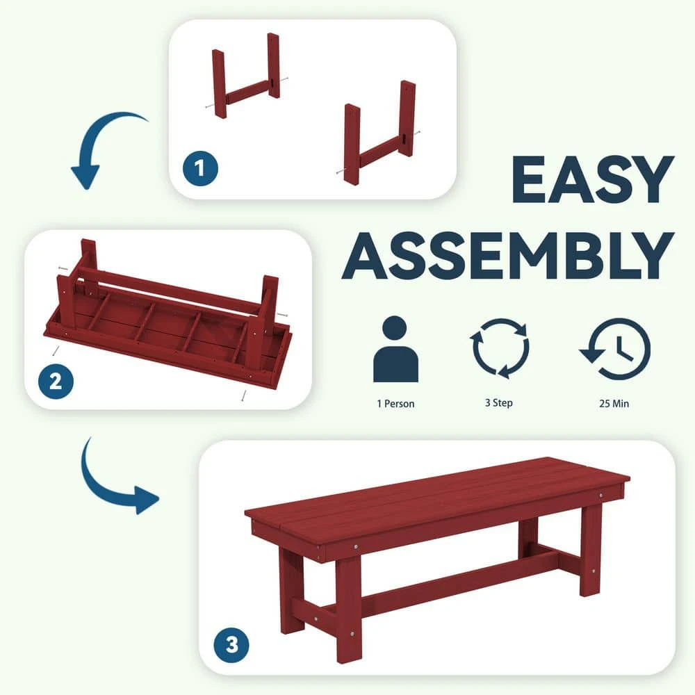 56.3 In. W Outdoor Patio HDPE Plastic All-Weather Resistant Ottoman Backless Dining Bench In Dark Red 7 56.3 In. W Outdoor Patio HDPE Plastic All-Weather Resistant Ottoman Backless Dining Bench In Dark Red - Image 7