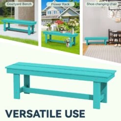 56.3 In. W Outdoor Patio HDPE Plastic All-Weather Resistant Ottoman Backless Dining Bench In Peacock Blue -More Furniture Store jearey outdoor benches jycd kql 44 1000