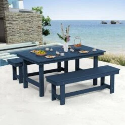 56.3 In. W Outdoor Patio HDPE Plastic All-Weather Resistant Ottoman Backless Dining Bench In Navy Blue -More Furniture Store jearey outdoor benches jycd na 31 1000