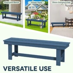 56.3 In. W Outdoor Patio HDPE Plastic All-Weather Resistant Ottoman Backless Dining Bench In Navy Blue -More Furniture Store jearey outdoor benches jycd na 44 1000