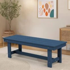 56.3 In. W Outdoor Patio HDPE Plastic All-Weather Resistant Ottoman Backless Dining Bench In Navy Blue