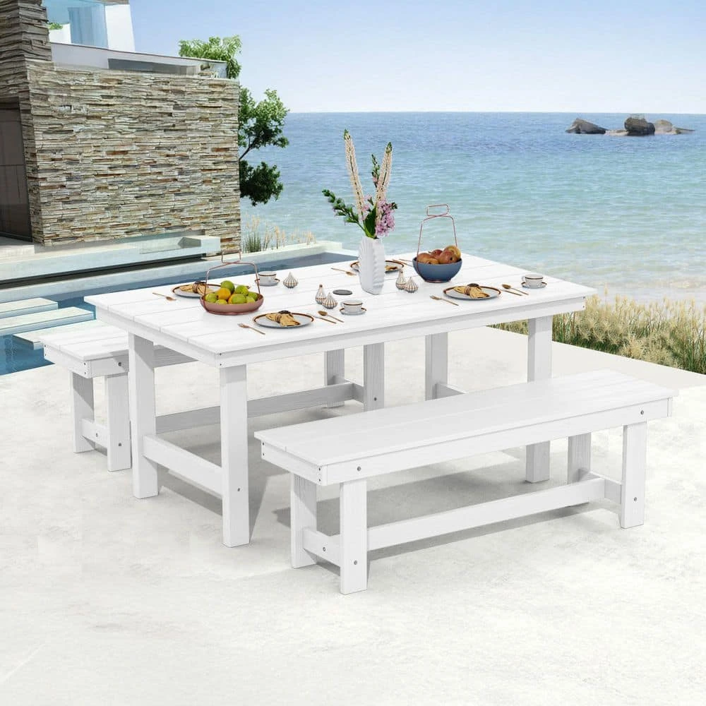 56.3 In. W Outdoor Patio HDPE Plastic All-Weather Resistant Ottoman Backless Dining Bench In White 9 56.3 In. W Outdoor Patio HDPE Plastic All-Weather Resistant Ottoman Backless Dining Bench In White - Image 9