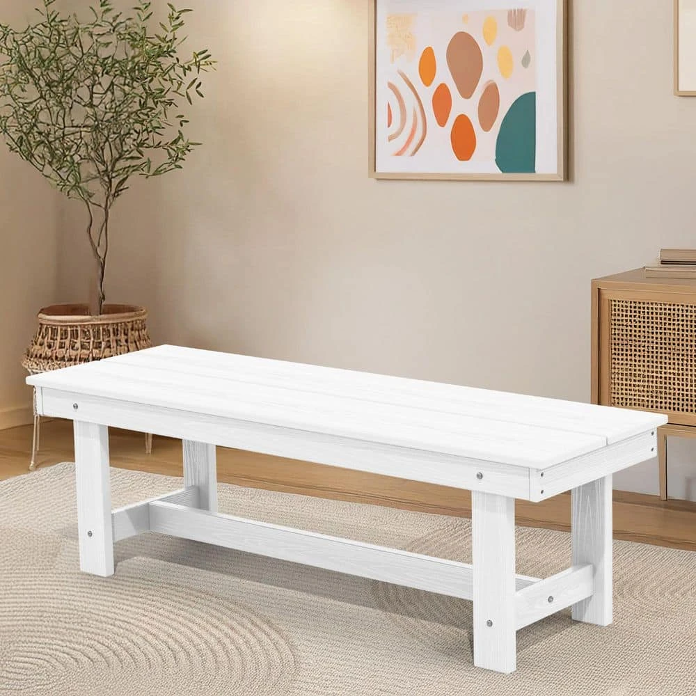 56.3 In. W Outdoor Patio HDPE Plastic All-Weather Resistant Ottoman Backless Dining Bench In White 1 56.3 In. W Outdoor Patio HDPE Plastic All-Weather Resistant Ottoman Backless Dining Bench In White