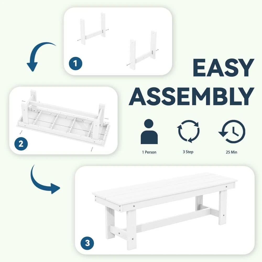 56.3 In. W Outdoor Patio HDPE Plastic All-Weather Resistant Ottoman Backless Dining Bench In White 7 56.3 In. W Outdoor Patio HDPE Plastic All-Weather Resistant Ottoman Backless Dining Bench In White - Image 7