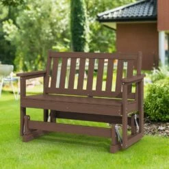 HDPE Brown Outdoor Bench, 2 Person Plastic Glider Rocking Chair For Swings Outside Loveseat For Garden Porch