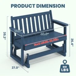 HDPE Navy Outdoor Bench, 2 Person Plastic Glider Rocking Chair For Swings Outside Loveseat For Garden Porch -More Furniture Store jearey outdoor benches sryby ny c3 1000