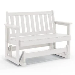 HDPE White Outdoor Bench, 2 Person Plastic Glider Rocking Chair For Swings Outside Loveseat For Garden Porch