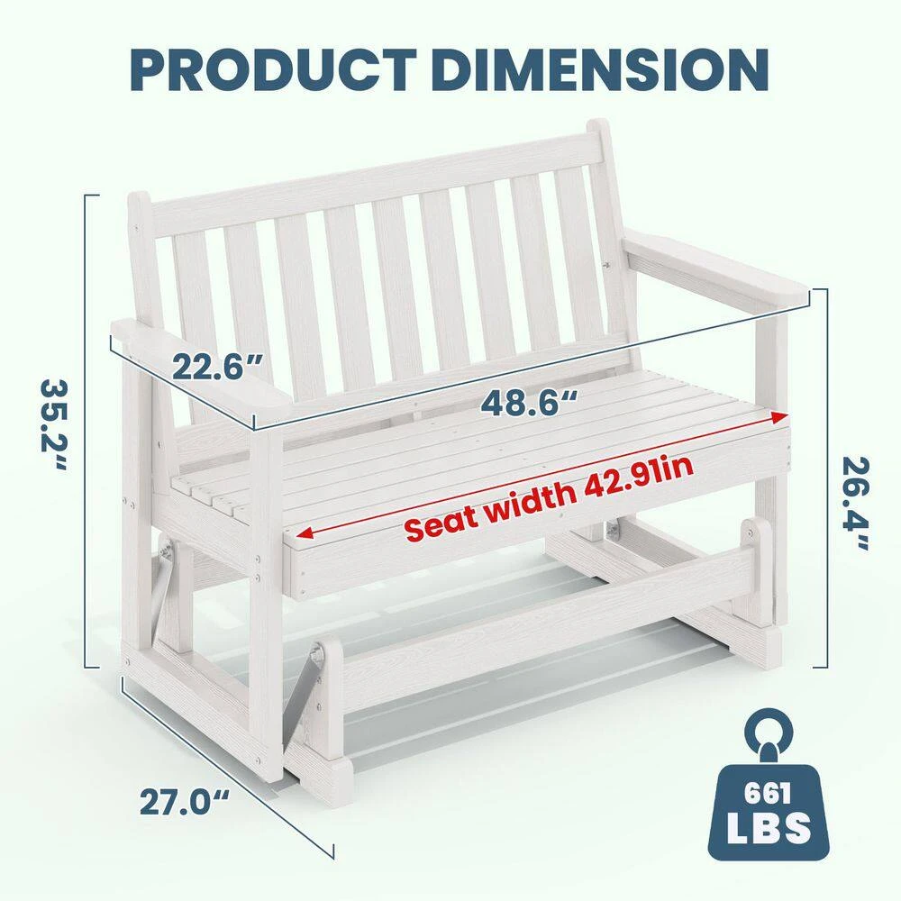 HDPE White Outdoor Bench, 2 Person Plastic Glider Rocking Chair For Swings Outside Loveseat For Garden Porch 3 HDPE White Outdoor Bench, 2 Person Plastic Glider Rocking Chair For Swings Outside Loveseat For Garden Porch - Image 3