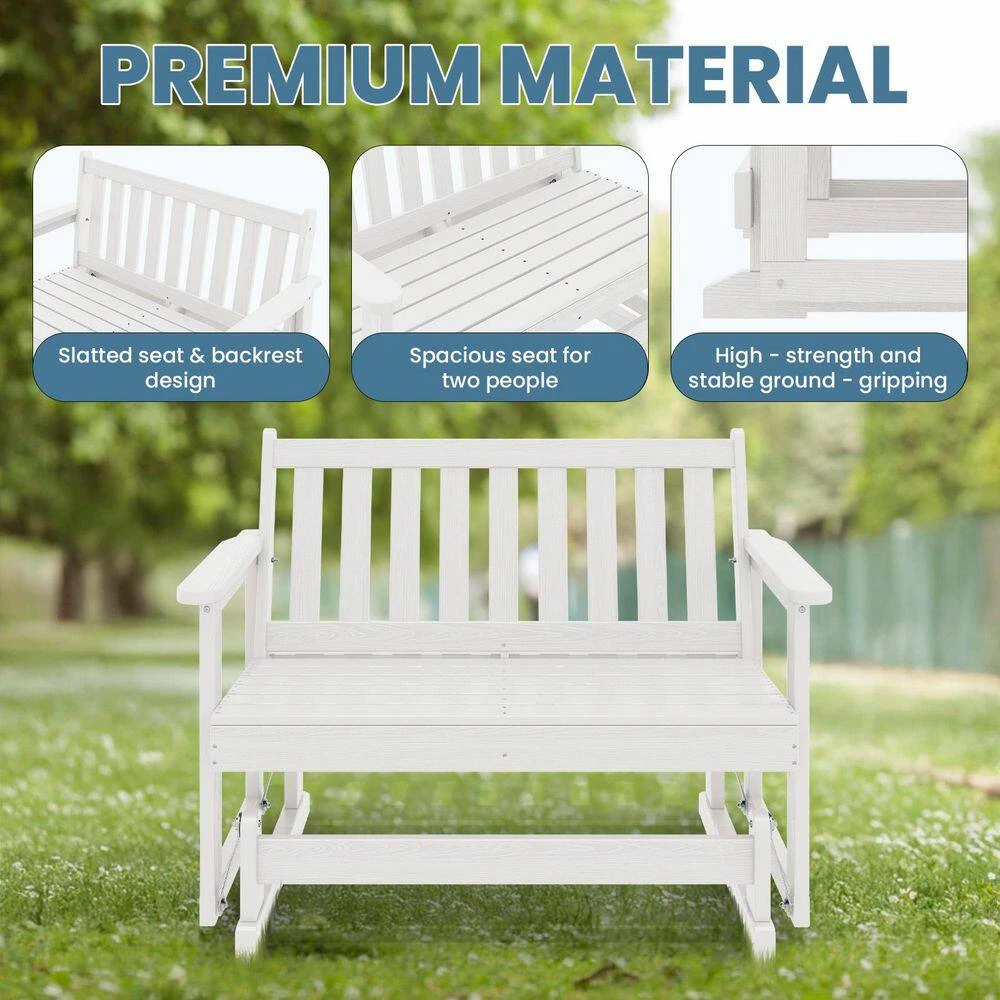 HDPE White Outdoor Bench, 2 Person Plastic Glider Rocking Chair For Swings Outside Loveseat For Garden Porch 7 HDPE White Outdoor Bench, 2 Person Plastic Glider Rocking Chair For Swings Outside Loveseat For Garden Porch - Image 7