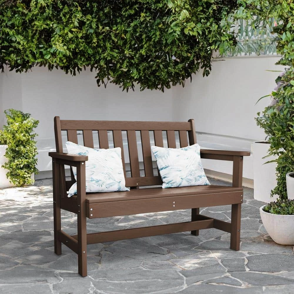 Garden Bench All-Weather HDPE 2-Person Plastic Outdoor Bench In Brown 2 Garden Bench All-Weather HDPE 2-Person Plastic Outdoor Bench In Brown - Image 2