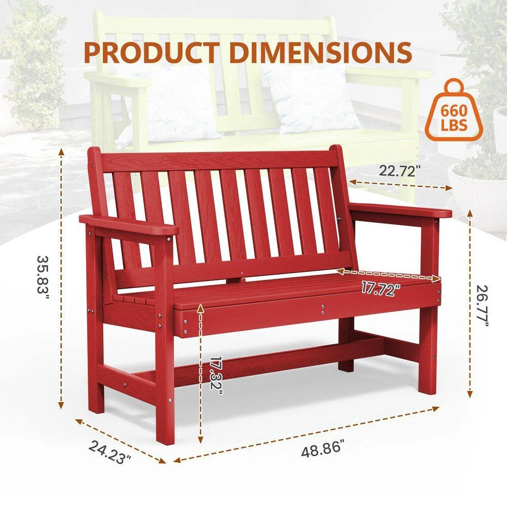 Garden Bench All-Weather HDPE 2-Person Plastic Outdoor Bench In Red 7 Garden Bench All-Weather HDPE 2-Person Plastic Outdoor Bench In Red - Image 7