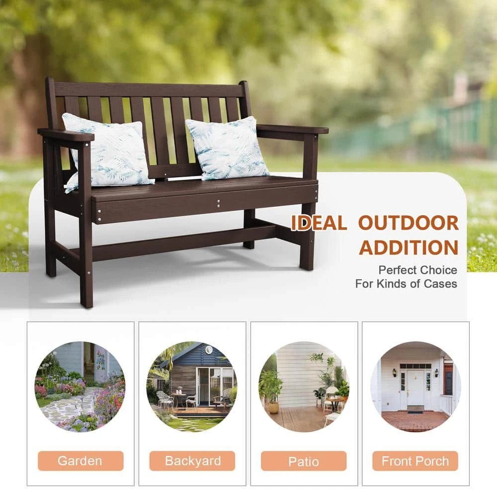 Garden Bench All-Weather HDPE 2-Person Plastic Outdoor Bench In Coffee 5 Garden Bench All-Weather HDPE 2-Person Plastic Outdoor Bench In Coffee - Image 5