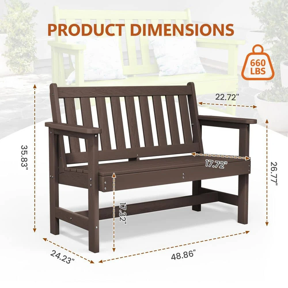 Garden Bench All-Weather HDPE 2-Person Plastic Outdoor Bench In Coffee 6 Garden Bench All-Weather HDPE 2-Person Plastic Outdoor Bench In Coffee - Image 6