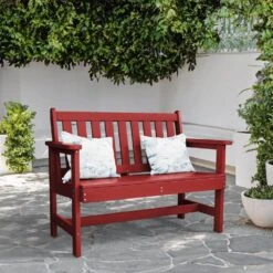 Garden Bench All-Weather HDPE 2-Person Plastic Outdoor Bench In Dark Red