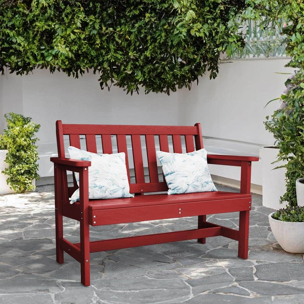 Garden Bench All-Weather HDPE 2-Person Plastic Outdoor Bench In Dark Red 1 Garden Bench All-Weather HDPE 2-Person Plastic Outdoor Bench In Dark Red