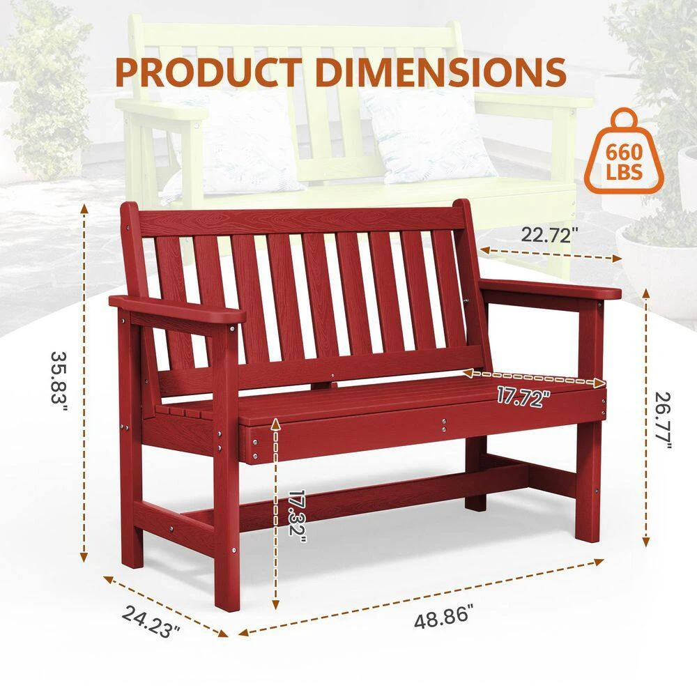 Garden Bench All-Weather HDPE 2-Person Plastic Outdoor Bench In Dark Red 6 Garden Bench All-Weather HDPE 2-Person Plastic Outdoor Bench In Dark Red - Image 6