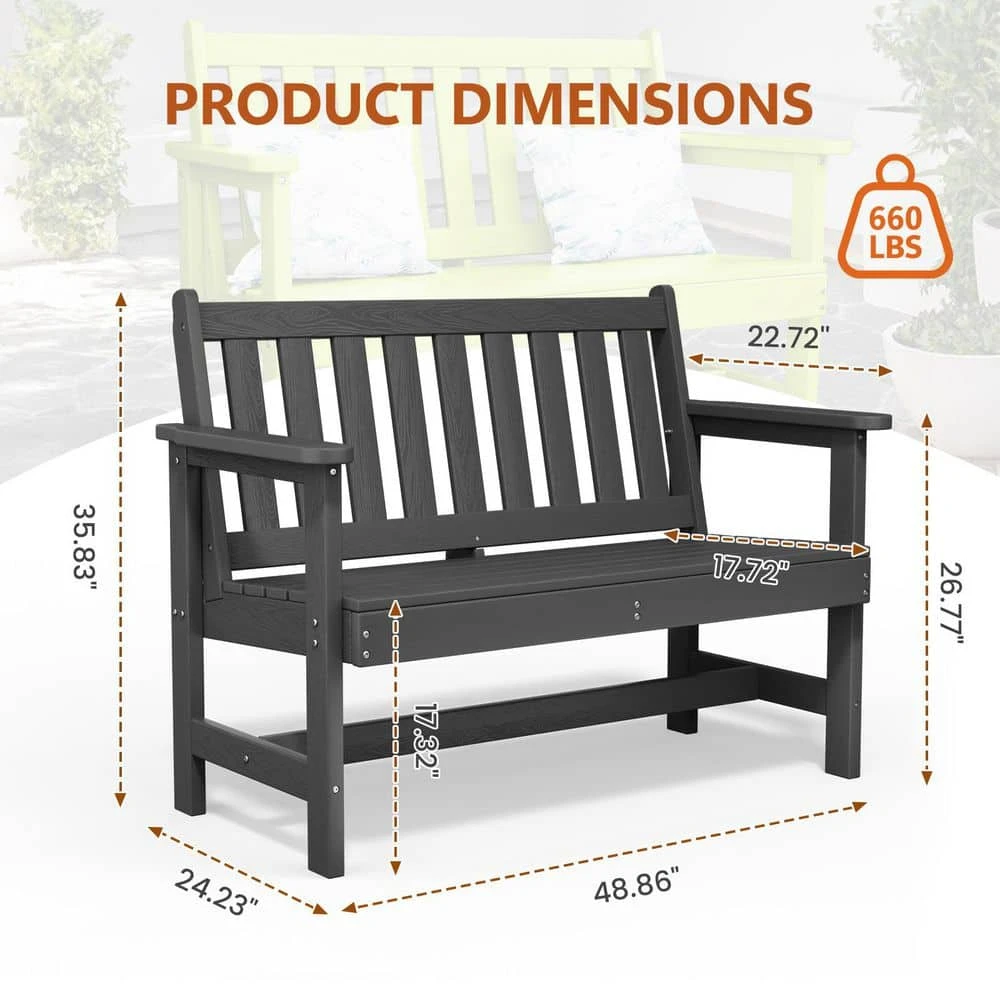Garden Bench All-Weather HDPE 2-Person Plastic Outdoor Bench In Gray 6 Garden Bench All-Weather HDPE 2-Person Plastic Outdoor Bench In Gray - Image 6