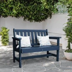 Garden Bench All-Weather HDPE 2-Person Plastic Outdoor Bench In Navy Blue