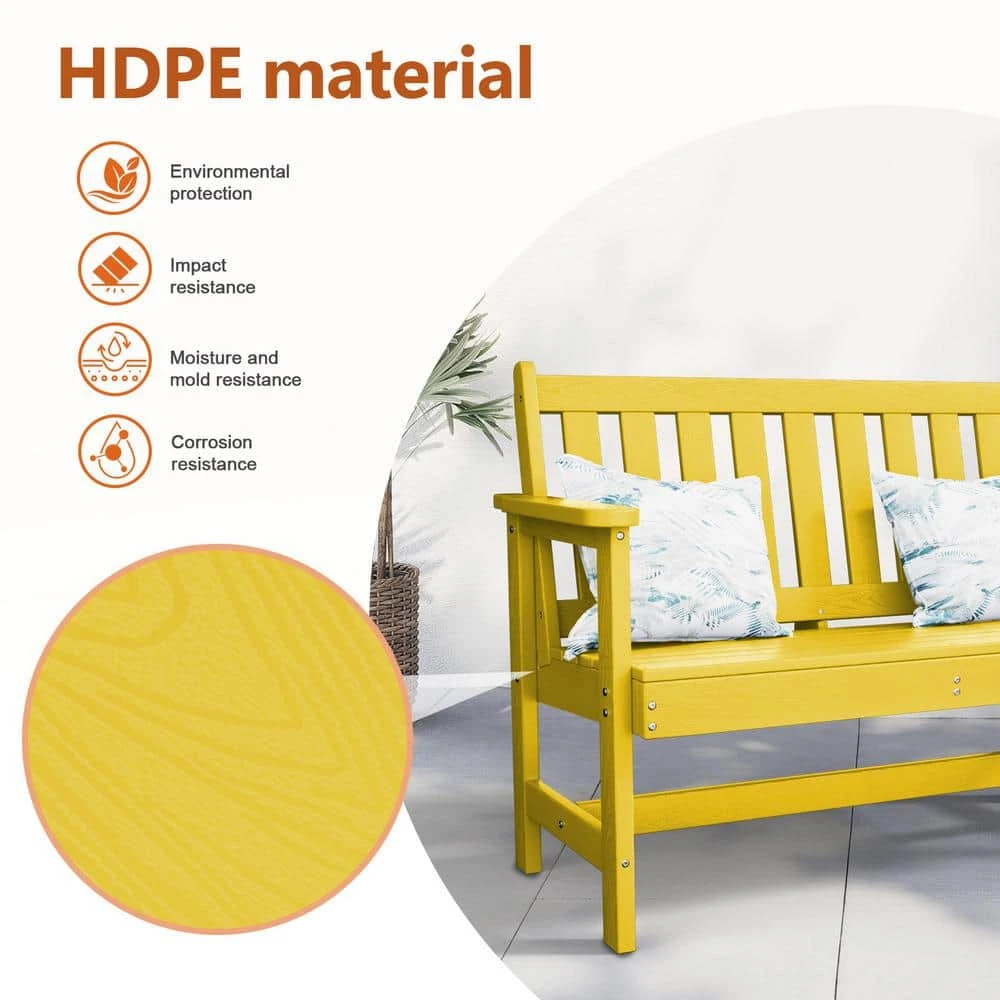Garden Bench All-Weather HDPE 2-Person Plastic Outdoor Bench In Lemon Yellow 4 Garden Bench All-Weather HDPE 2-Person Plastic Outdoor Bench In Lemon Yellow - Image 4