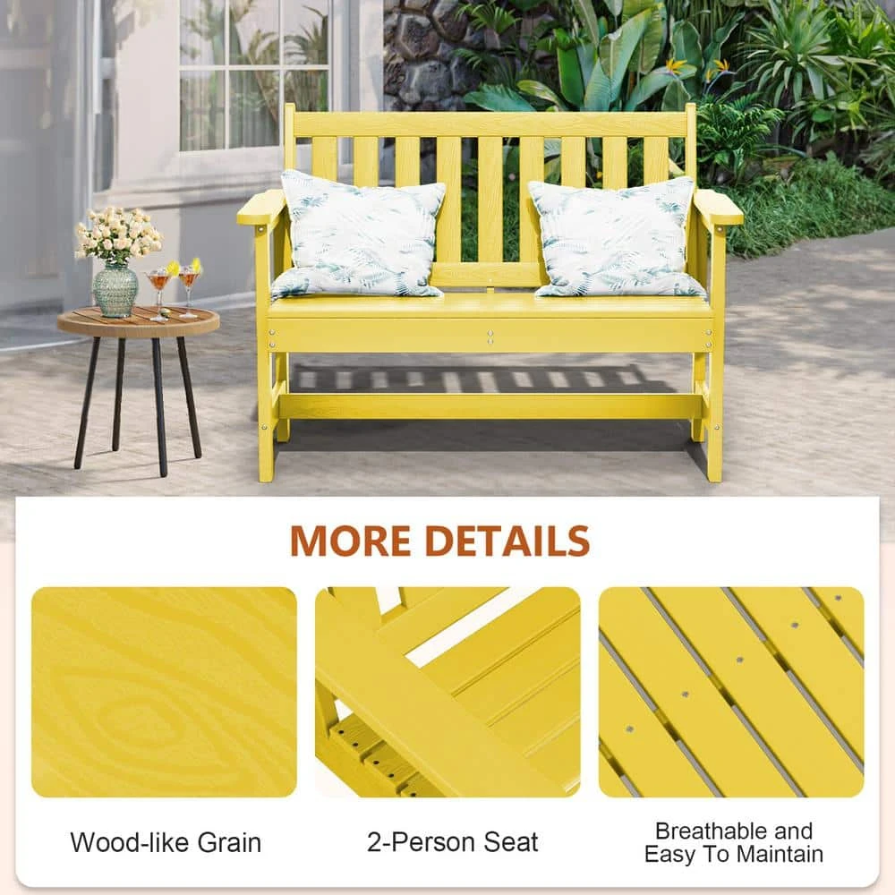 Garden Bench All-Weather HDPE 2-Person Plastic Outdoor Bench In Lemon Yellow 3 Garden Bench All-Weather HDPE 2-Person Plastic Outdoor Bench In Lemon Yellow - Image 3