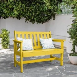 Garden Bench All-Weather HDPE 2-Person Plastic Outdoor Bench In Lemon Yellow