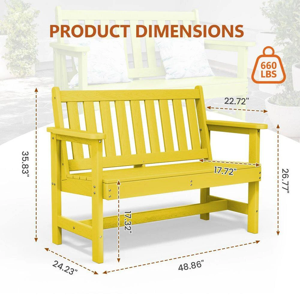 Garden Bench All-Weather HDPE 2-Person Plastic Outdoor Bench In Lemon Yellow 6 Garden Bench All-Weather HDPE 2-Person Plastic Outdoor Bench In Lemon Yellow - Image 6