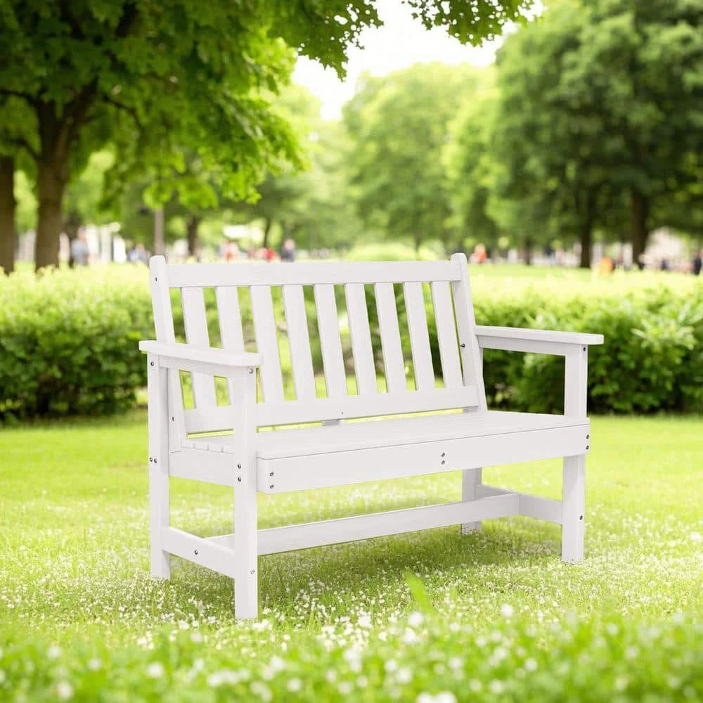 Garden Bench All-Weather HDPE 2-Person Plastic Outdoor Bench In White 2 Garden Bench All-Weather HDPE 2-Person Plastic Outdoor Bench In White - Image 2