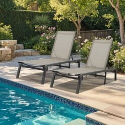 Modern Inspired Beige Metal Outdoor Chaise Lounge Set Of 2