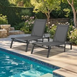 Modern Inspired Gray Metal Outdoor Chaise Lounge Set Of 2