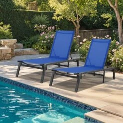Modern Inspired Teal Metal Outdoor Chaise Lounge Set Of 2