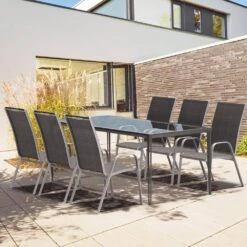 Patio Metal Black Outdoor Stackable Breathable Chaise Lounge Dining Chairs With Armrests For Patio Yard (Set Of 4) -More Furniture Store jearey outdoor dining chairs tzc 3jt blue 31 1000