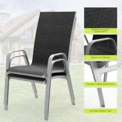 Patio Metal Black Outdoor Stackable Breathable Chaise Lounge Dining Chairs With Armrests For Patio Yard (Set Of 4) -More Furniture Store jearey outdoor dining chairs tzc 3jt blue 4f 1000