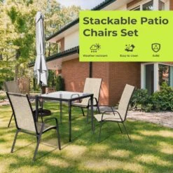 Charlotte Stackable Khaki Outdoor Dining Chair Set Of 2 -More Furniture Store jearey outdoor dining chairs xltddy 2 khaki 4f 1000
