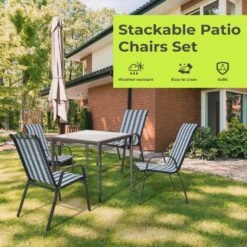 Charlotte Stackable Blue And White Outdoor Dining Chair Set Of 4 -More Furniture Store jearey outdoor dining chairs ykdj green 4f 1000