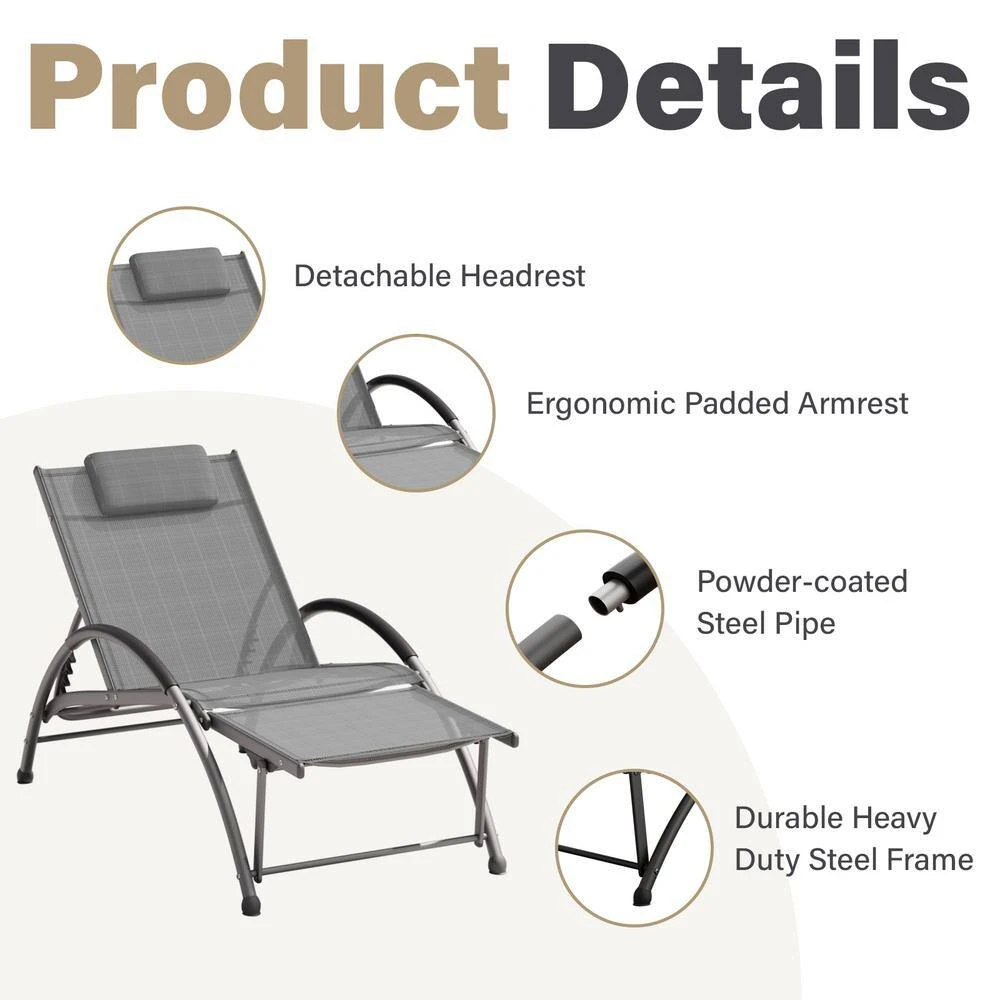 Grey Metal Aluminum Outdoor 5-Positions Adjustable Chaise Lounge With Frame 4 Grey Metal Aluminum Outdoor 5-Positions Adjustable Chaise Lounge With Frame - Image 4