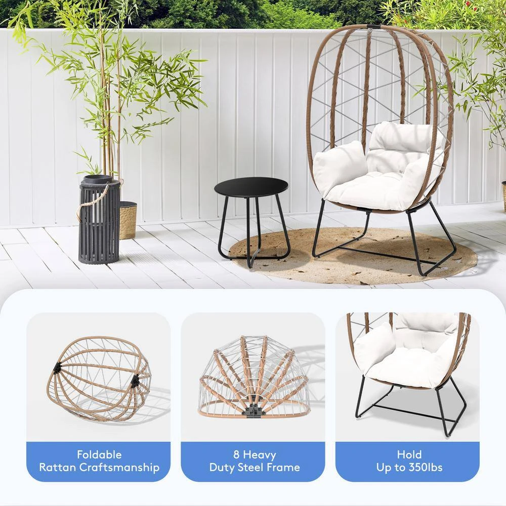 Woven Beige Wicker Outdoor Lounge Egg Chair With Coffee Table And Beige Cushion 4 Woven Beige Wicker Outdoor Lounge Egg Chair With Coffee Table And Beige Cushion - Image 4