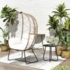Woven Beige Wicker Outdoor Lounge Egg Chair With Coffee Table And Beige Cushion