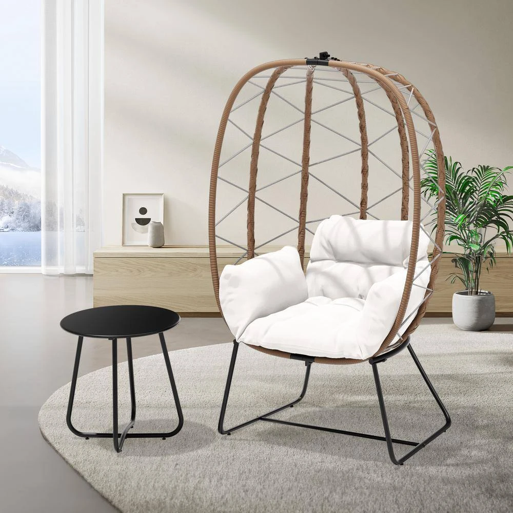 Woven Beige Wicker Outdoor Lounge Egg Chair With Coffee Table And Beige Cushion 3 Woven Beige Wicker Outdoor Lounge Egg Chair With Coffee Table And Beige Cushion - Image 3