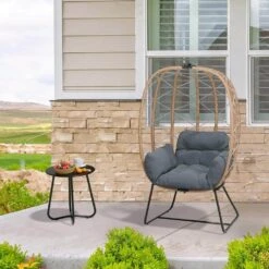 Woven Grey Wicker Outdoor Lounge Egg Chair With Coffee Table And Grey Cushion -More Furniture Store jearey outdoor lounge chairs egg ch gy 31 1000