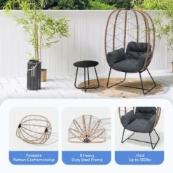 Woven Grey Wicker Outdoor Lounge Egg Chair With Coffee Table And Grey Cushion -More Furniture Store jearey outdoor lounge chairs egg ch gy 4f 1000